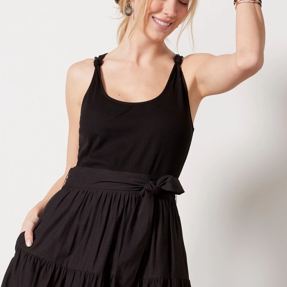 Paige Samosa Ribbed Knit Mixed Media Tiered A-Line Midi Dress in Black Size M